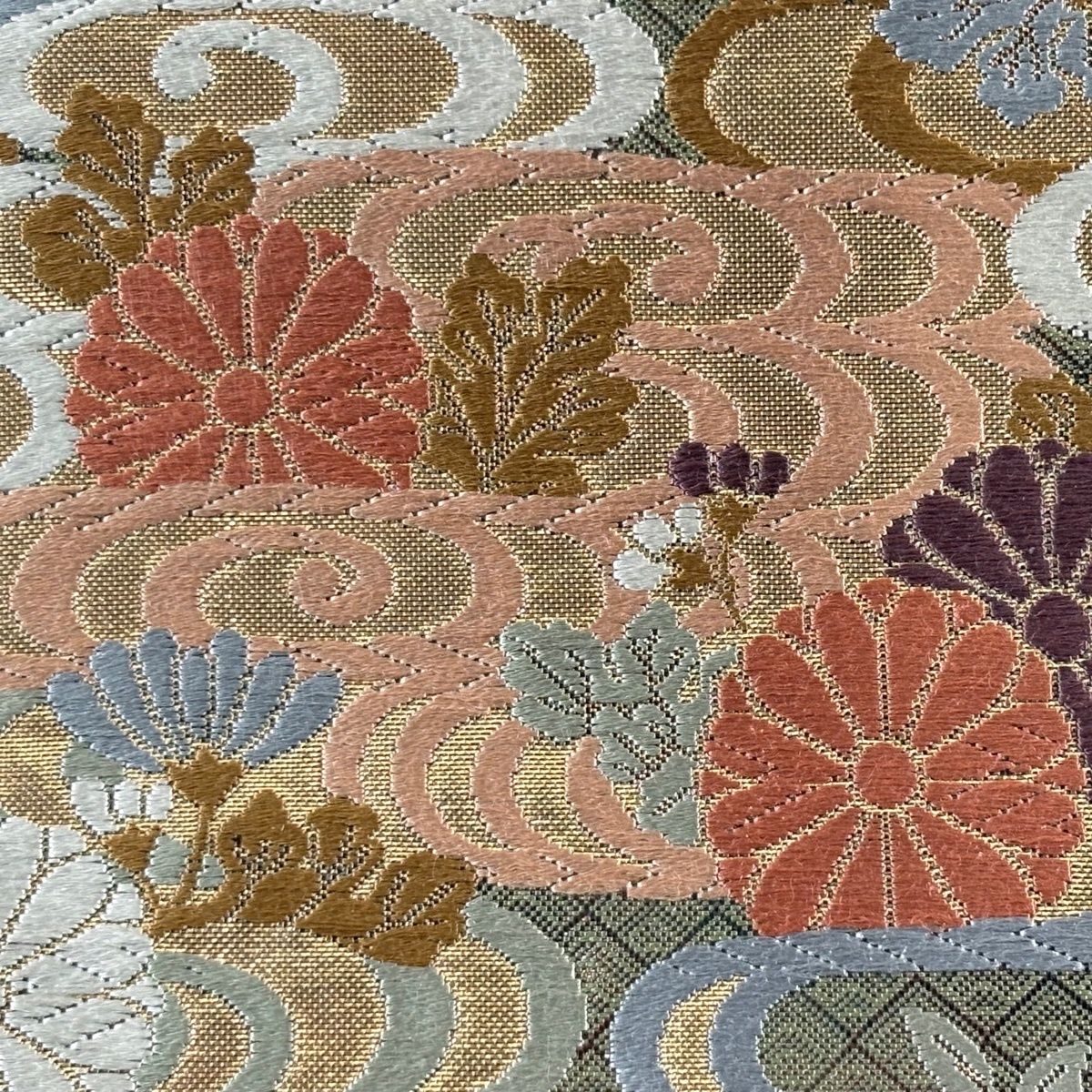 美品】 袋帯 秀品 螺鈿唐織錦 関西仕立て 菊 流水 唐織 箔 灰緑 六通 