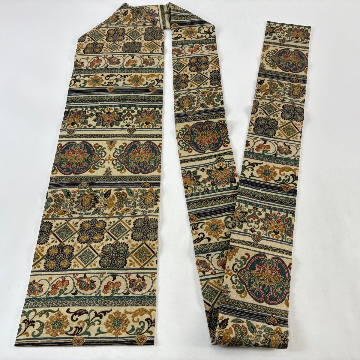 新品未使用　4点 名古屋帯 秀品 花唐草 鳥 黄土色 正絹 【中古】