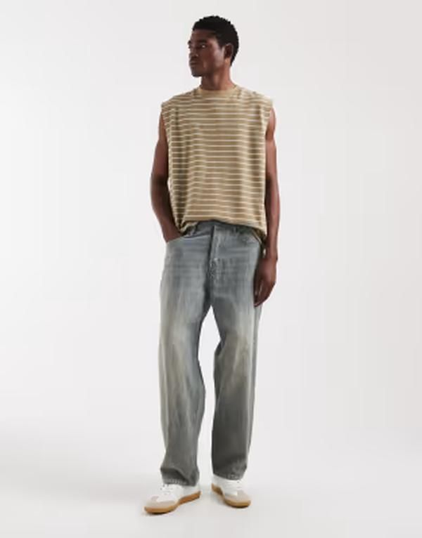 エイソス メンズ トップス ベスト  DESIGN oversized tank top in textured mustard and white stripes KHAKI GREEN ECRU エクリュ