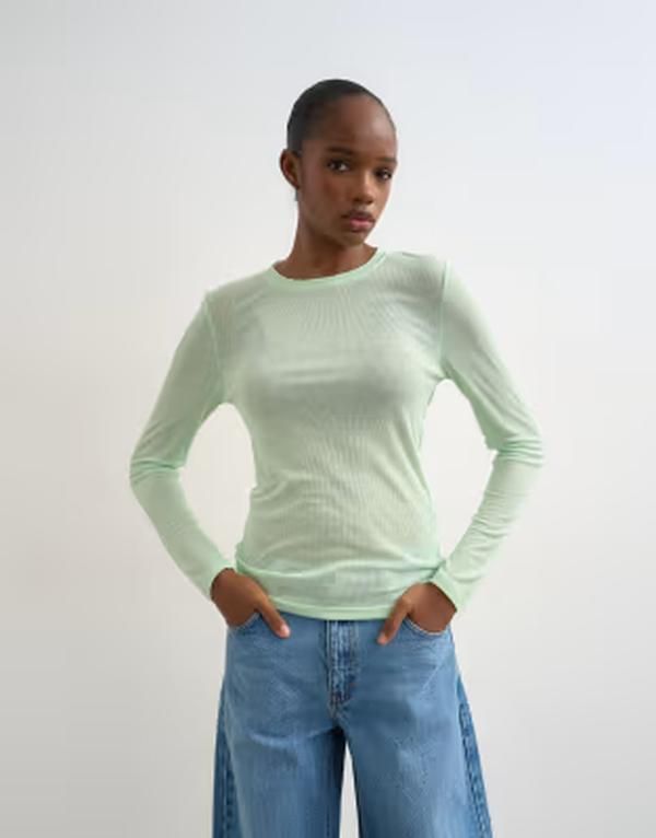 トップショップ レディース トップス tシャツ リブニット シアー ニット remium sheerib knit scoop neck long sleeve top in mint green グリーン