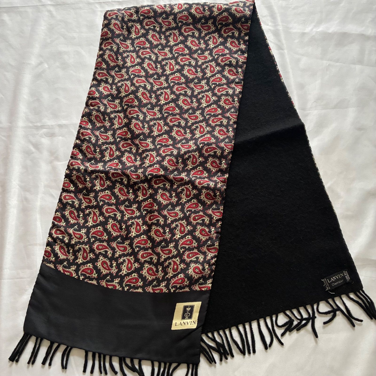 レディース LANVIN ネイビー レトロ ペイズリー シルク カシミア