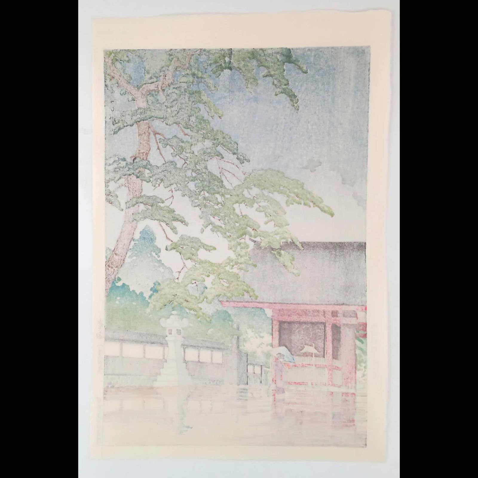 真作】後摺り木版画 川瀬巴水 1932年 「春雨 護国寺」 後摺り木版画