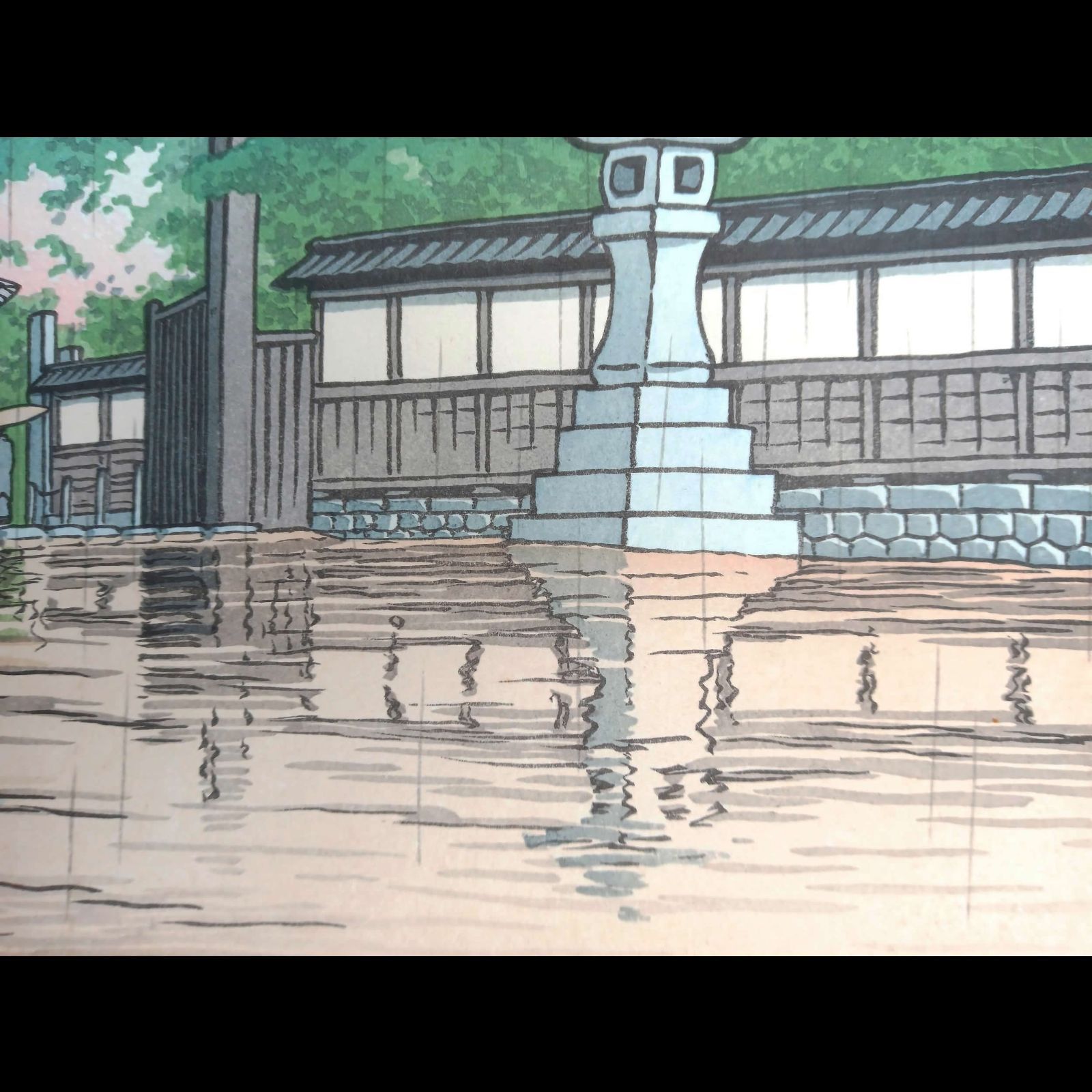 真作】後摺り木版画 川瀬巴水 1932年 「春雨 護国寺」 後摺り木版画