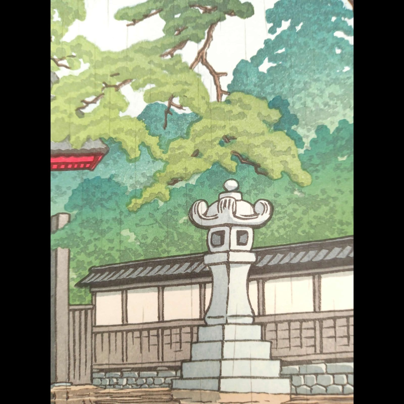 真作】後摺り木版画 川瀬巴水 1932年 「春雨 護国寺」 後摺り木版画
