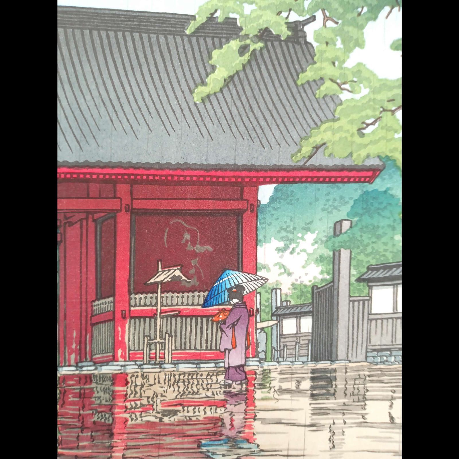 真作】後摺り木版画 川瀬巴水 1932年 「春雨 護国寺」 後摺り木版画