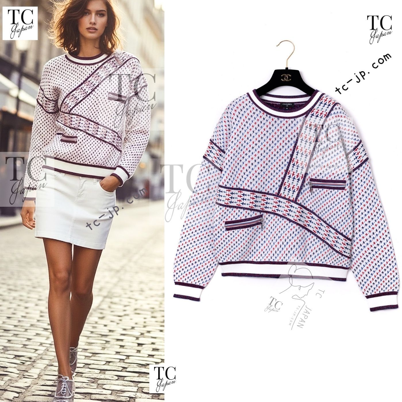 シャネル セーター トレーナー CHANEL ホワイト レッド ブルー 飛行機 
