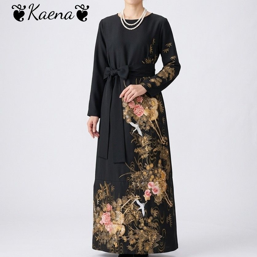 ❦Kaena❦ 着物リメイク ワンピース ロング マキシ ドレス 黒留袖 A