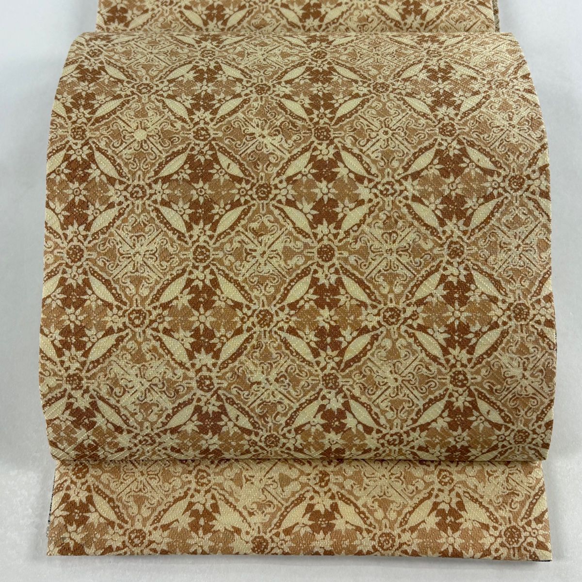 在庫一掃】 【美品】 袋帯 名品 七宝 花 ベージュ 全通 正絹 【中古