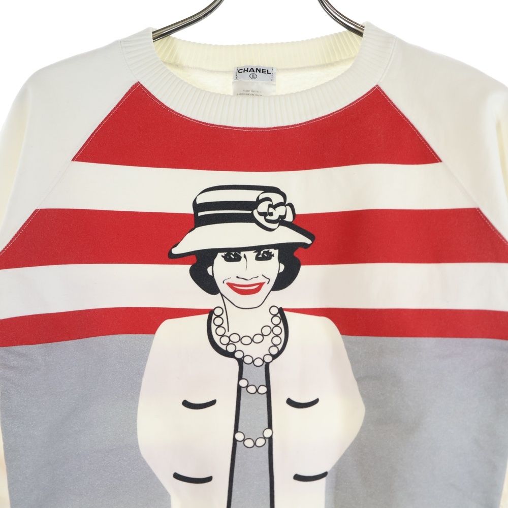 CHANEL シャネル 01AW マドモアゼル ボーダー柄プリント クルーネック プルオーバースウェット トレーナー ホワイト/レッド レディース P18590V10779 CHANEL (シャネル) 01AW マドモアゼル ボーダー柄プリント クルー
