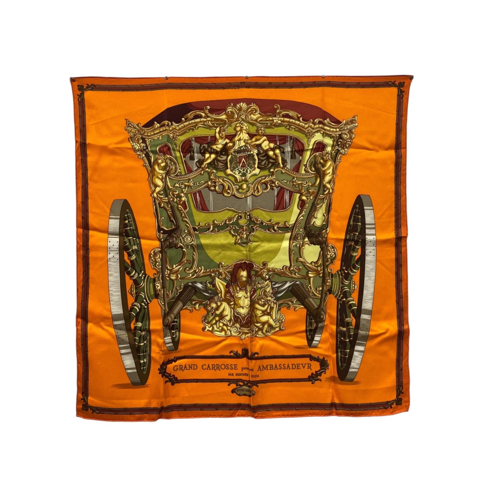 エルメス カレ70 GRAND CARROSSE povr vn AMBASSADEVR シルクスカーフ 大使の偉大な運送 オレンジ HERMES AC0217