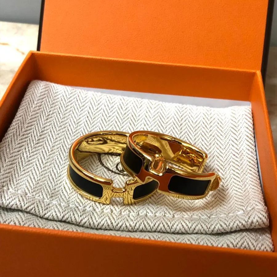 HERMES エルメス オランプ レザー フープ ピアス ブラック/ゴールド 