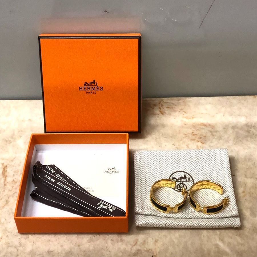 HERMES エルメス オランプ レザー フープ ピアス ブラック/ゴールド 