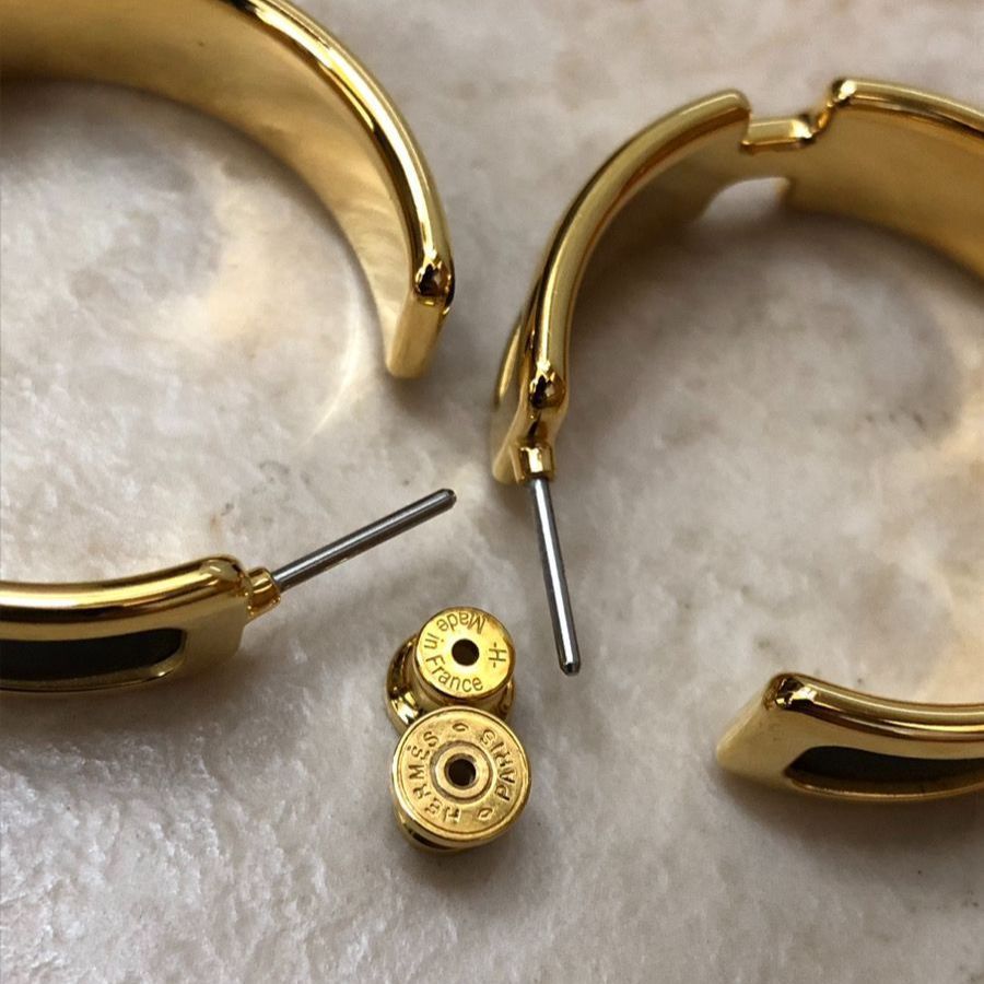 HERMES エルメス オランプ レザー フープ ピアス ブラック/ゴールド 