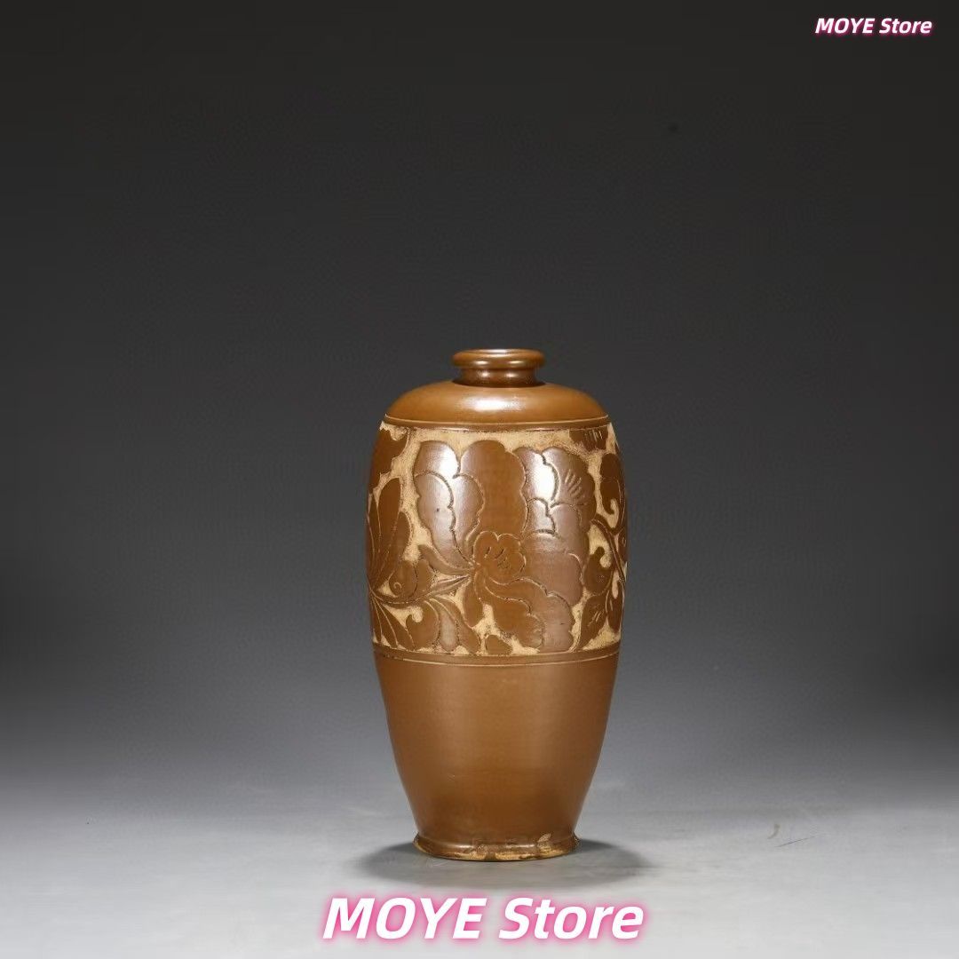 中国古美術.旧蔵品.磁州窯.柿紅釉剔刻牡丹紋梅瓶.花瓶.賞物.骨董.古玩