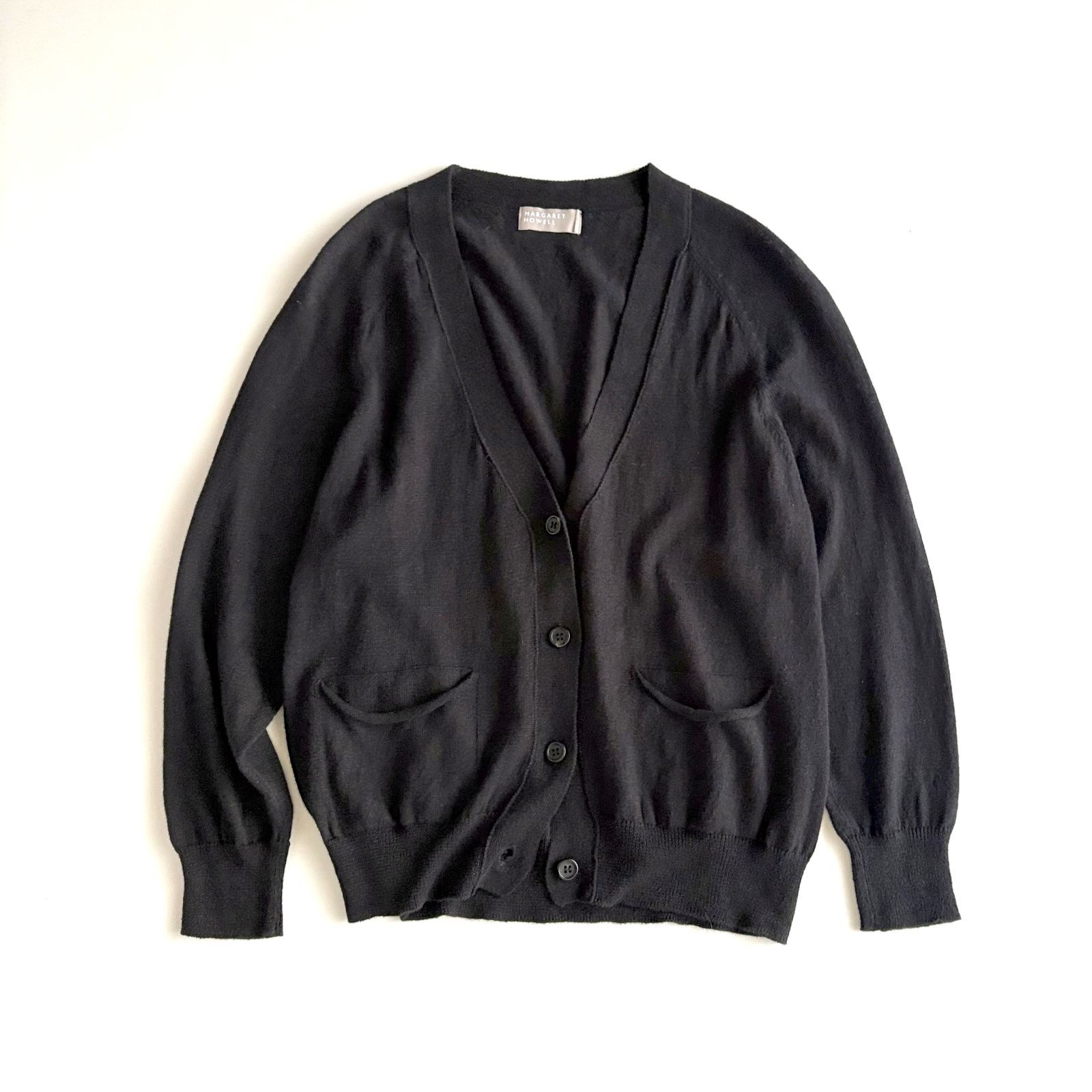 マーガレットハウエル コットンVネックカーディガン 黒 Ⅱ ナチュラル 通勤 美品 / MARGARET HOWELL マーガレットハウエル / 長袖 リネンコットン