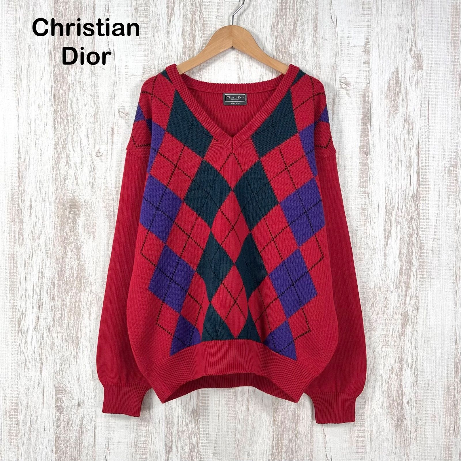 90s Christian Dior ヴィンテージ クリスチャンディオール Vネック アーガイル ウール セーター レッド