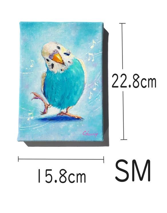 一点物】『 歌うのスキスキ♪空色インコ 』油絵 SM号キャンバス 原画