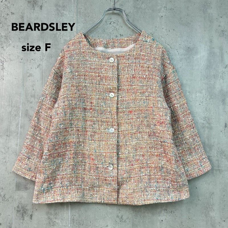 BEARDSLEY ビアズリー ツイードノーカラージャケット ピンク系 マルチ