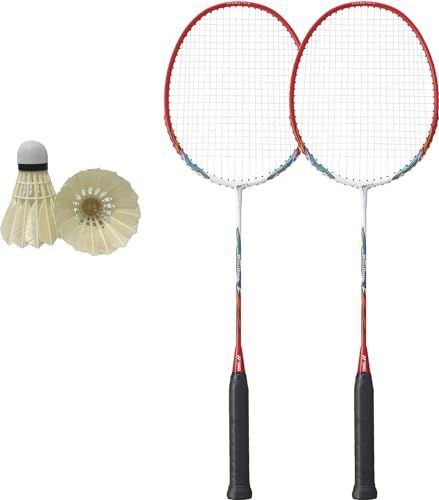 新品 バドミントン ラケット 2本組 シャトル付きセット 初心者 練習用 トレーニング 水鳥 スタンダード ヨネックス ケース ガット張り上げ済み MP2 (114ホワイト×レッド2本＋シャトル付き)