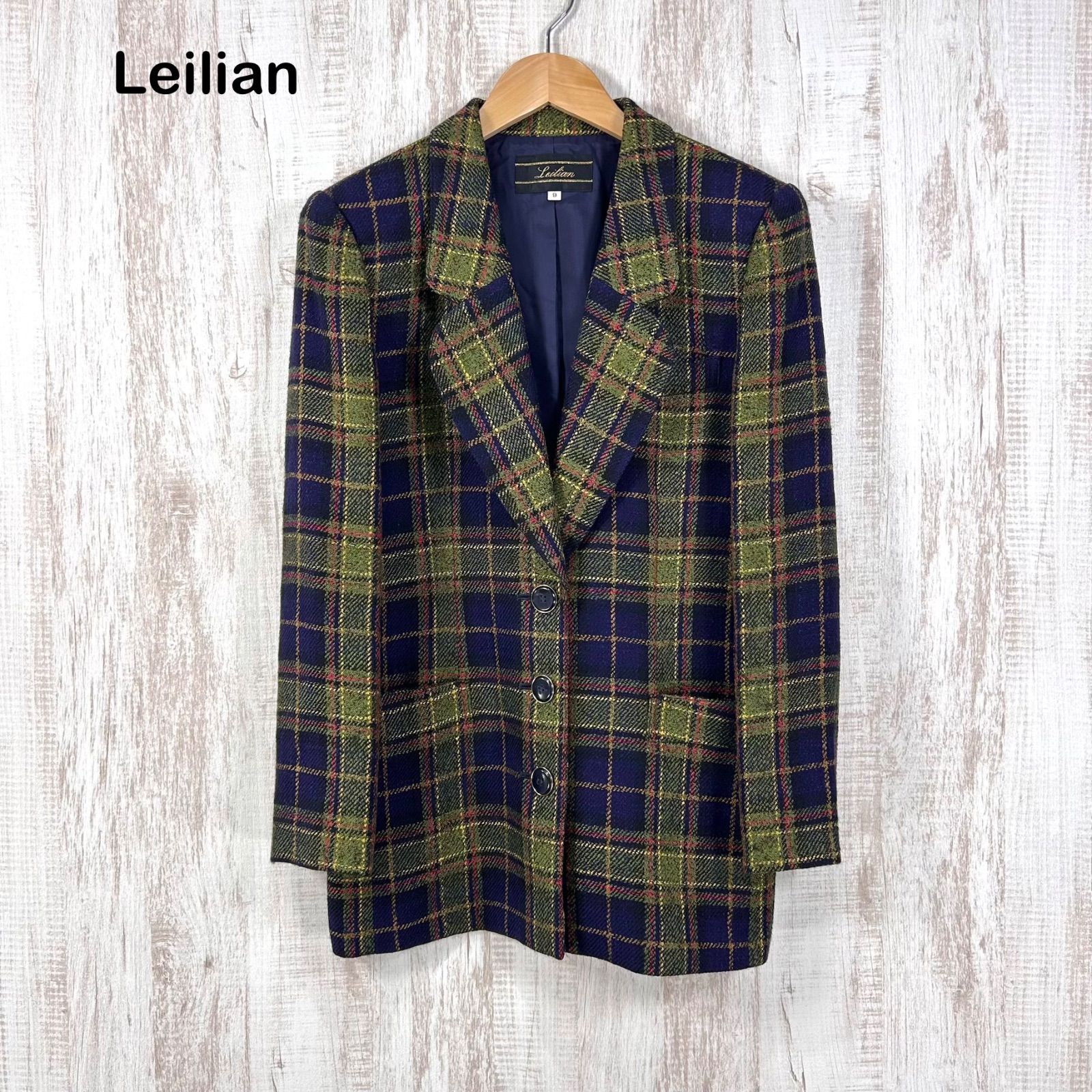 美品 Leilian レリアン チェック 総柄 ウール シルク テーラード 