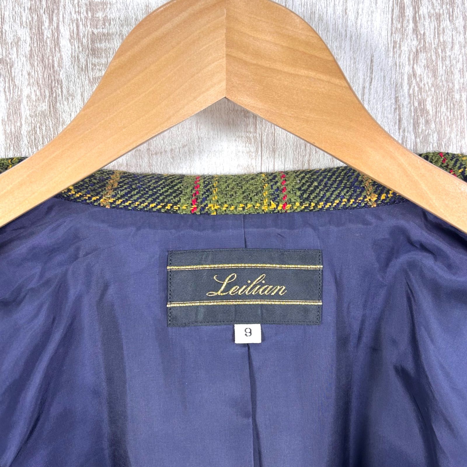 美品 Leilian レリアン チェック 総柄 ウール シルク テーラード 