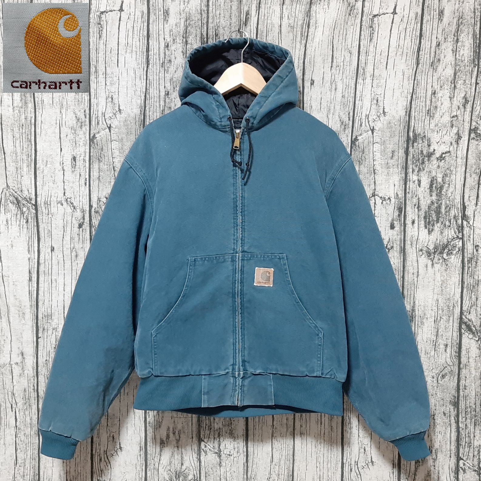 size L】96年 USA製 Carhartt アクティブジャケット コバルト 革ロゴ