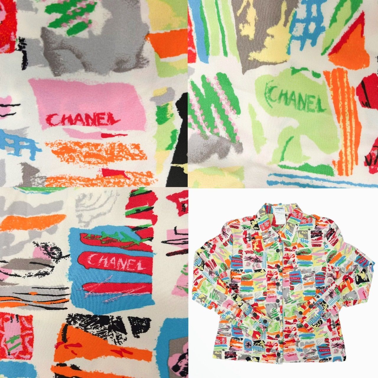 CHANEL シルク長袖シャツ ココマークボタン 42 CHANEL シャネル 総柄 シルク シャツ ココボタン サイズ42 マルチ