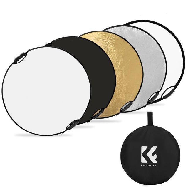 【送料無料】K＆F Concept レフ板 撮影用 反射板 持ち手付き ハンドル付き 110cm 折り畳み式 5in1 撮影用リフレクター 丸レフ板 屋外照明 白 黒