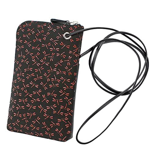 新品 [印傳屋] 印伝 スマホポシェット スマホケース 鹿革 黒地×赤漆 とんぼ柄 5027-21-008