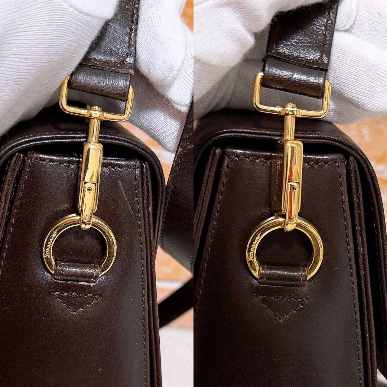 美品) Ferragamo(フェラガモ)2wayバッグ 自立 ガンチーニ ブラウン 