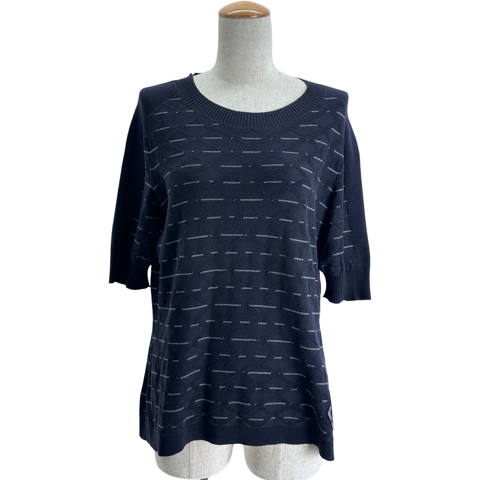 シャネル CHANEL カメリアワッペンニットTシャツ P47893 ネイビー コットン レディース 半袖Ｔシャツ