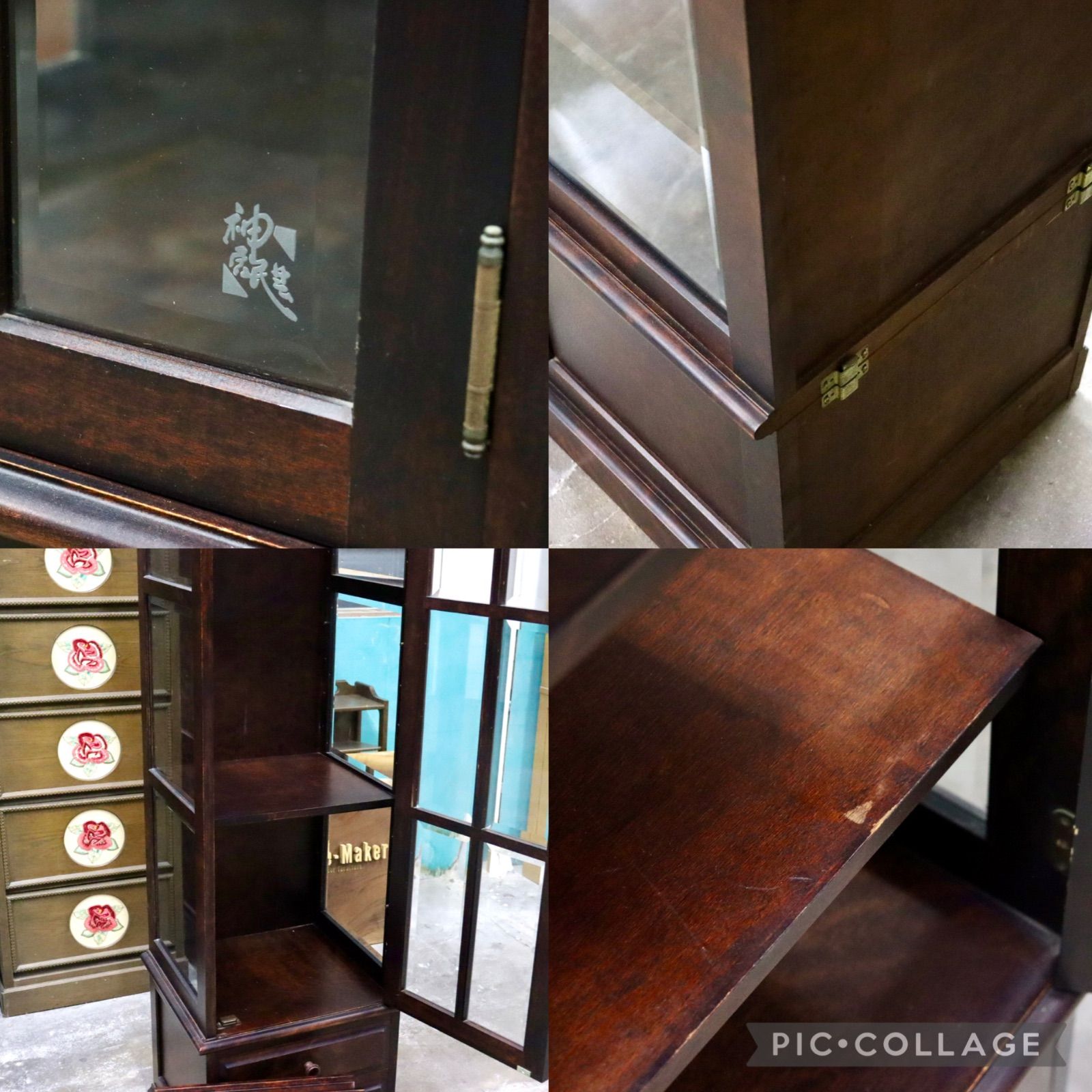 旭川家具 神居民芸 樺材 サイドボード キャビネット 民芸家具 和家具 ガラス扉 旭川家具 神居民芸 樺材 サイドボード キャビネット 民芸家具 和家具