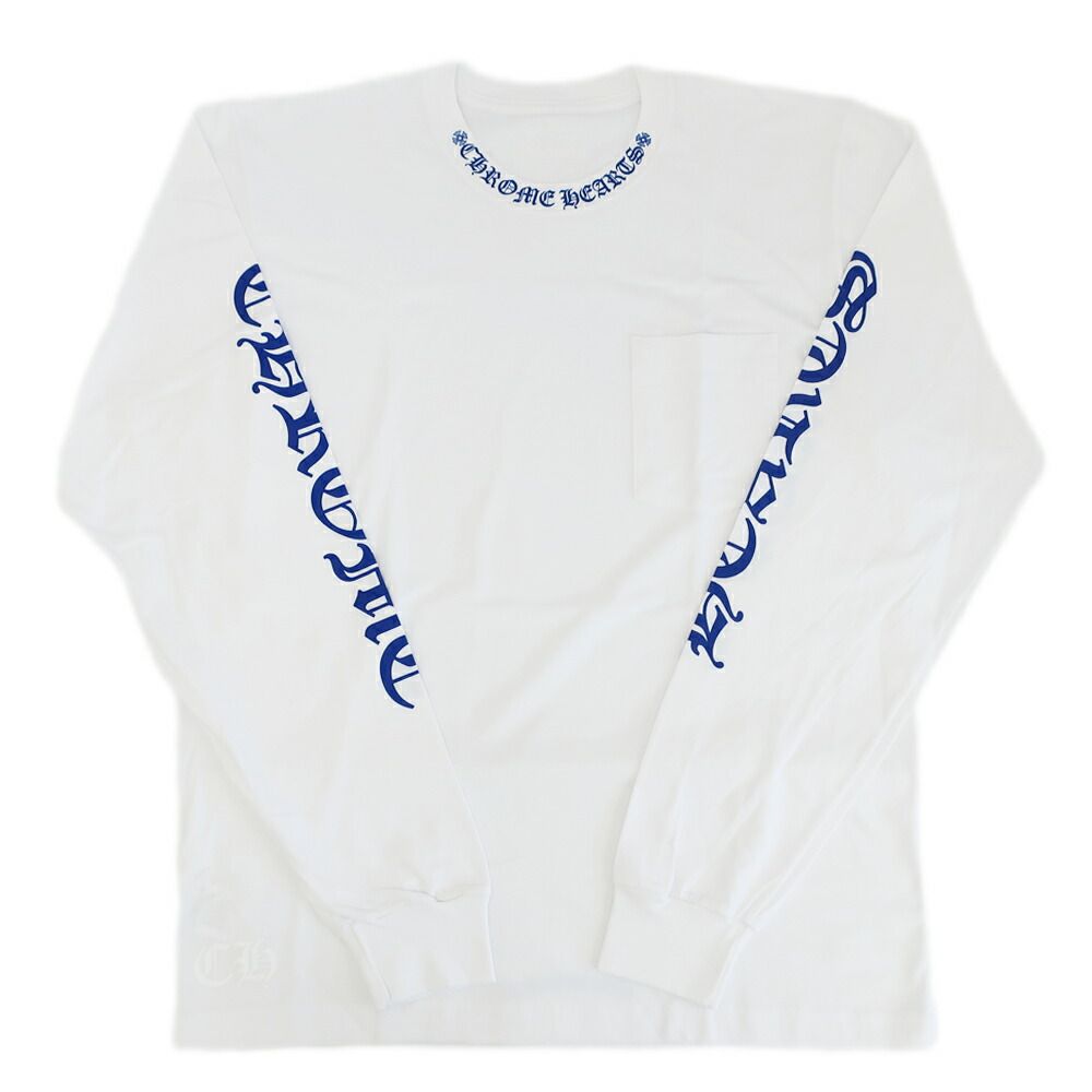 天白】クロムハーツ ロンT ネックロゴ Tシャツ ホワイト ブルー 表記 
