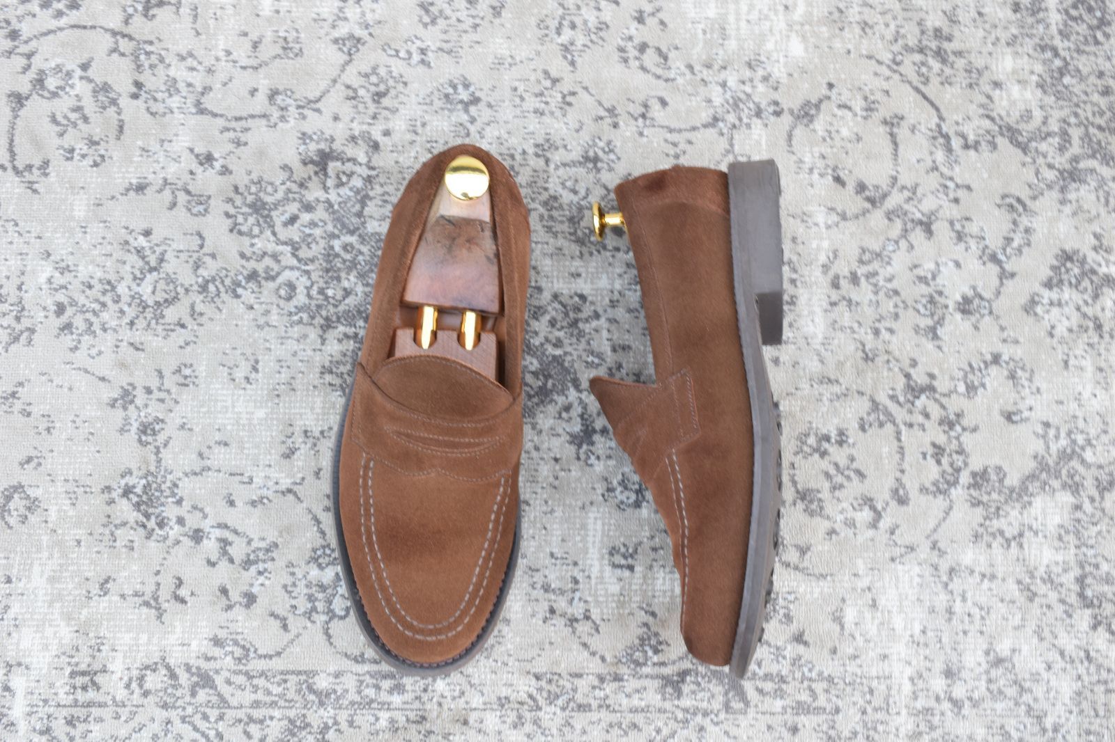 【美品】SANDERS サンダース 9319SS コインローファー ハーフサドル スエード 茶 ブラウン UK7 / 25.5cm【Ｗ3522】