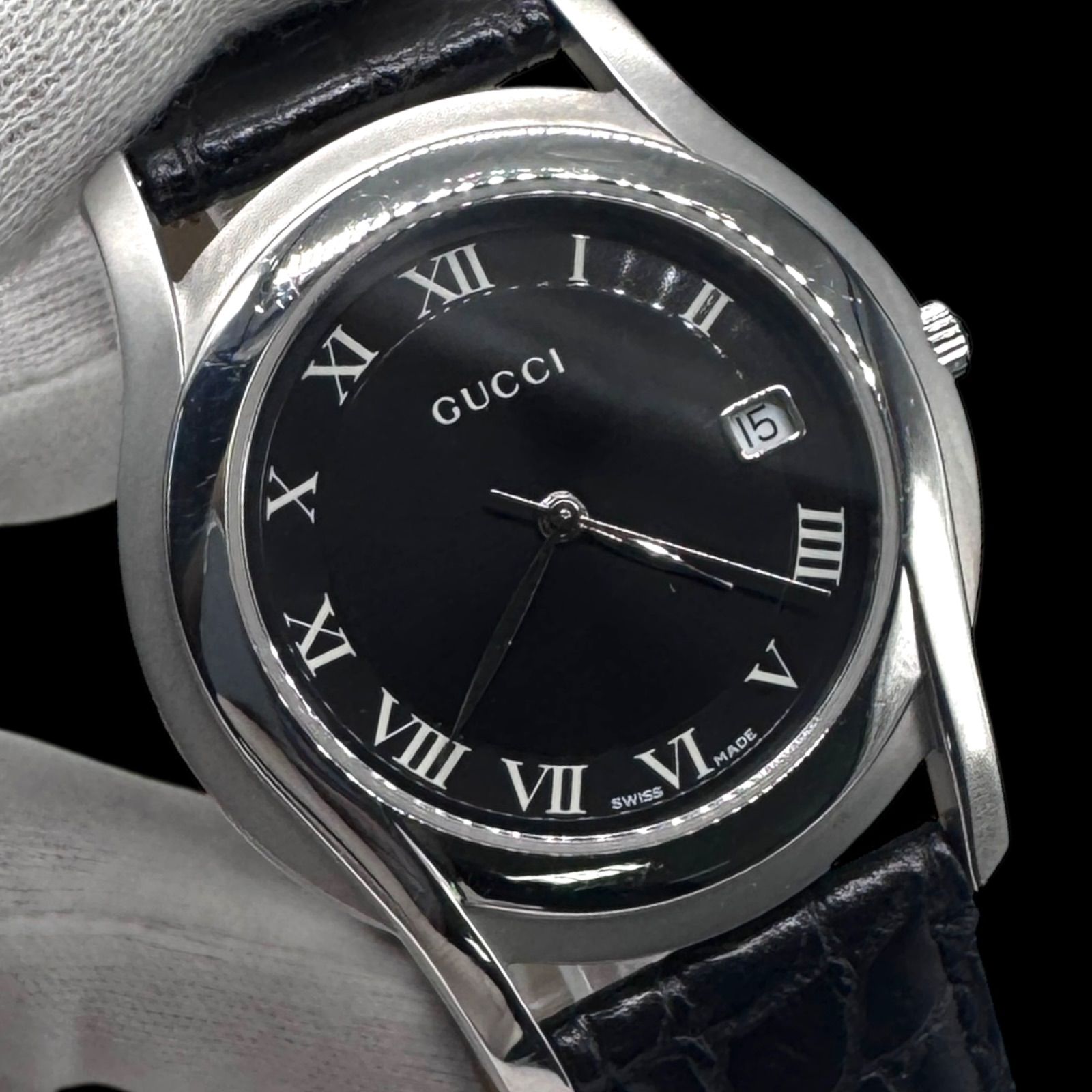 ☆極美品 5500M GUCCI グッチ 時計 ブラック デイト メンズ 5500M グッチ GUCCI SS デイト 黒文字盤 Gクラス クォーツ 腕時計