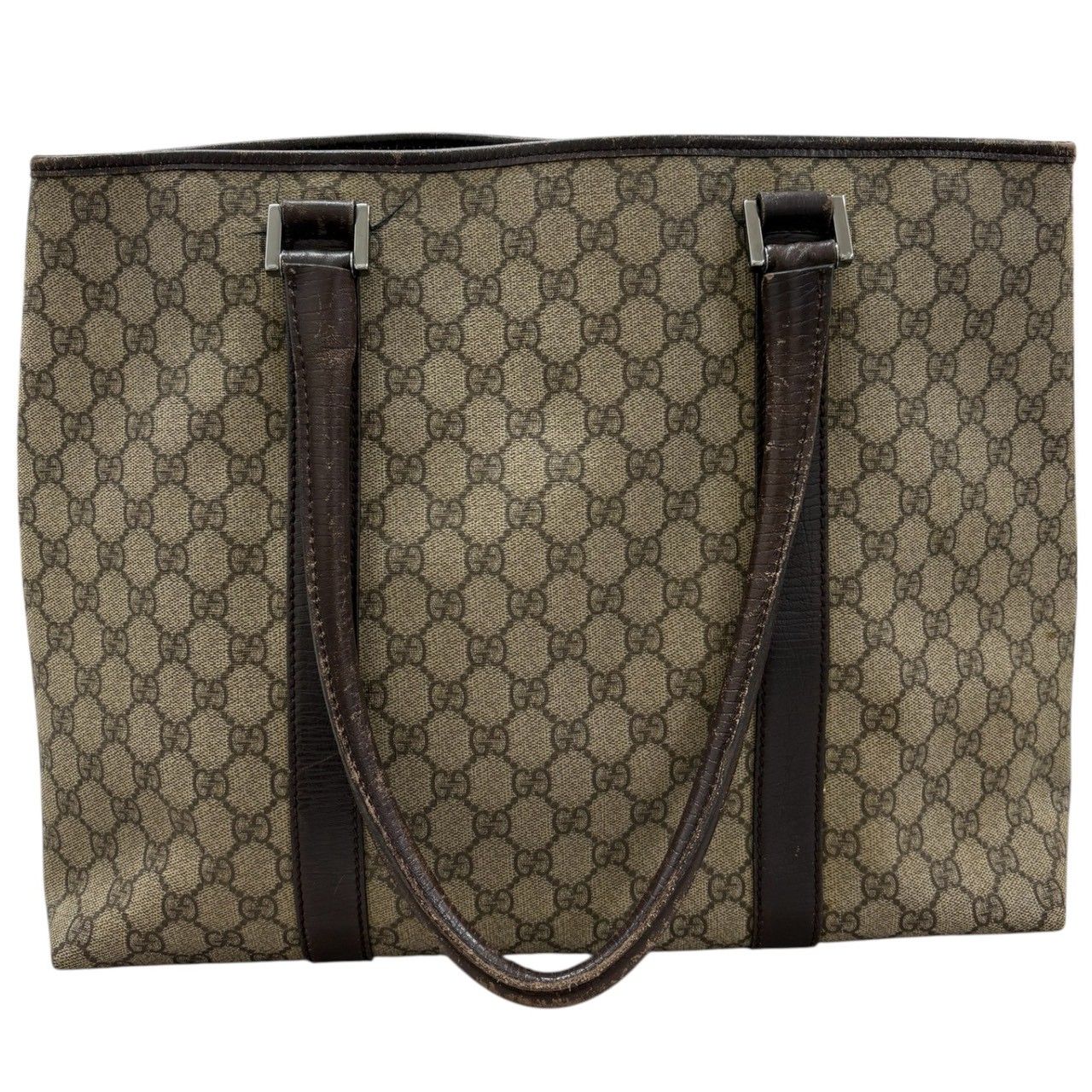 GUCCI GG Supreme Canvas Leather Tote Bag Women's Authentic Brown