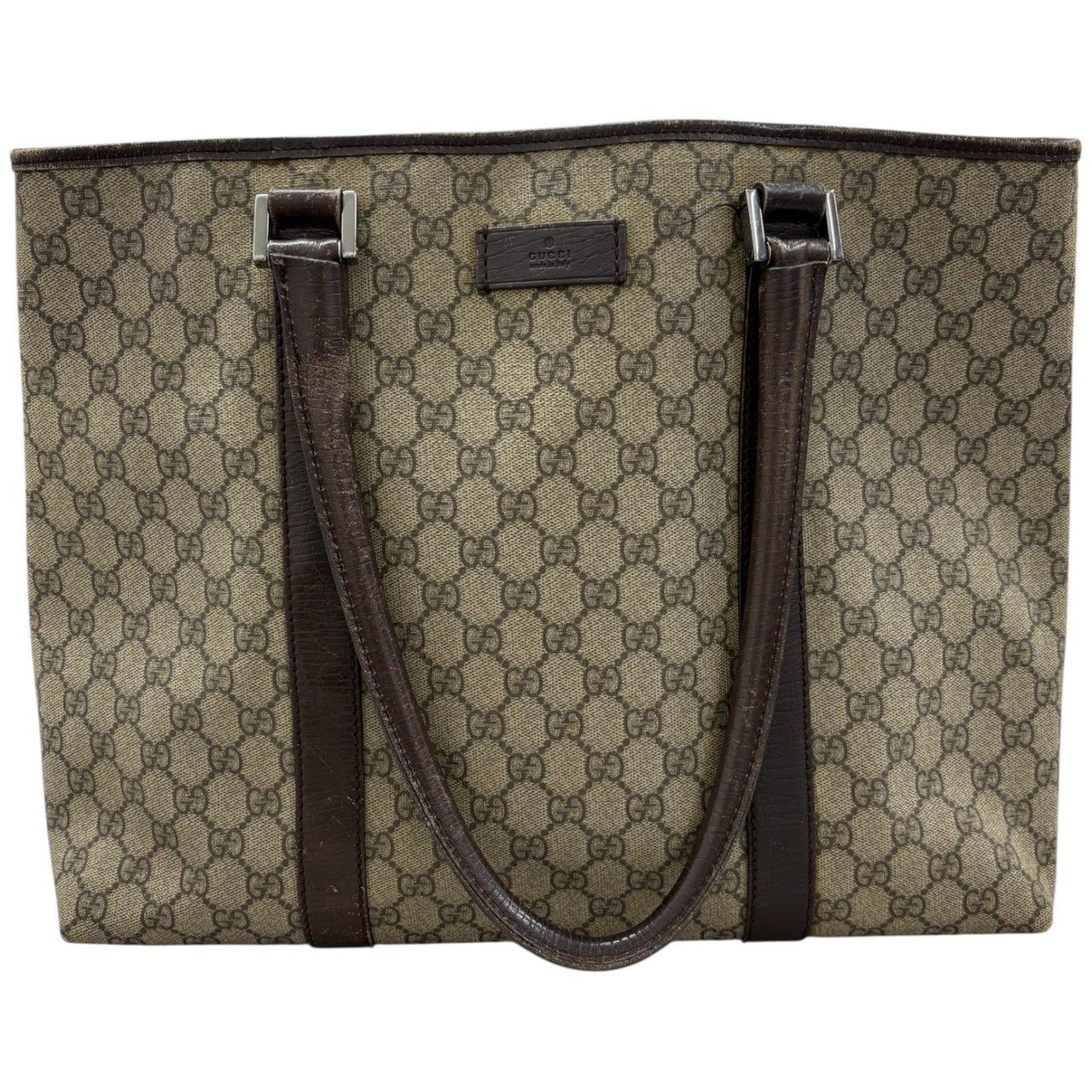 GUCCI GG Supreme Canvas Leather Tote Bag Women's Authentic Brown