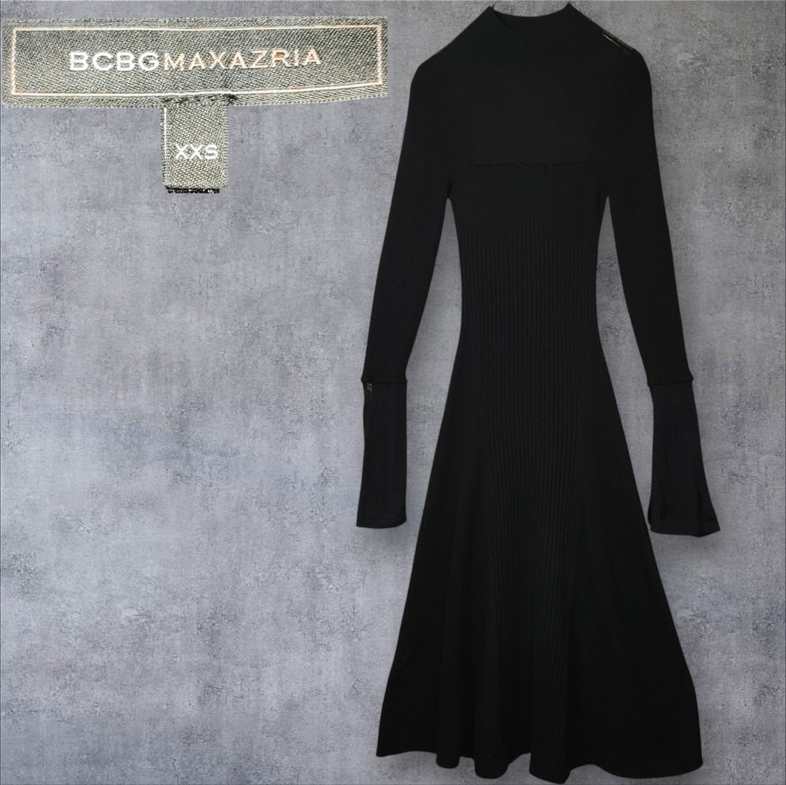 BCBGMAXAZRIA カシミヤ混 シアー切替 リブニットワンピース 黒 XXS表記 