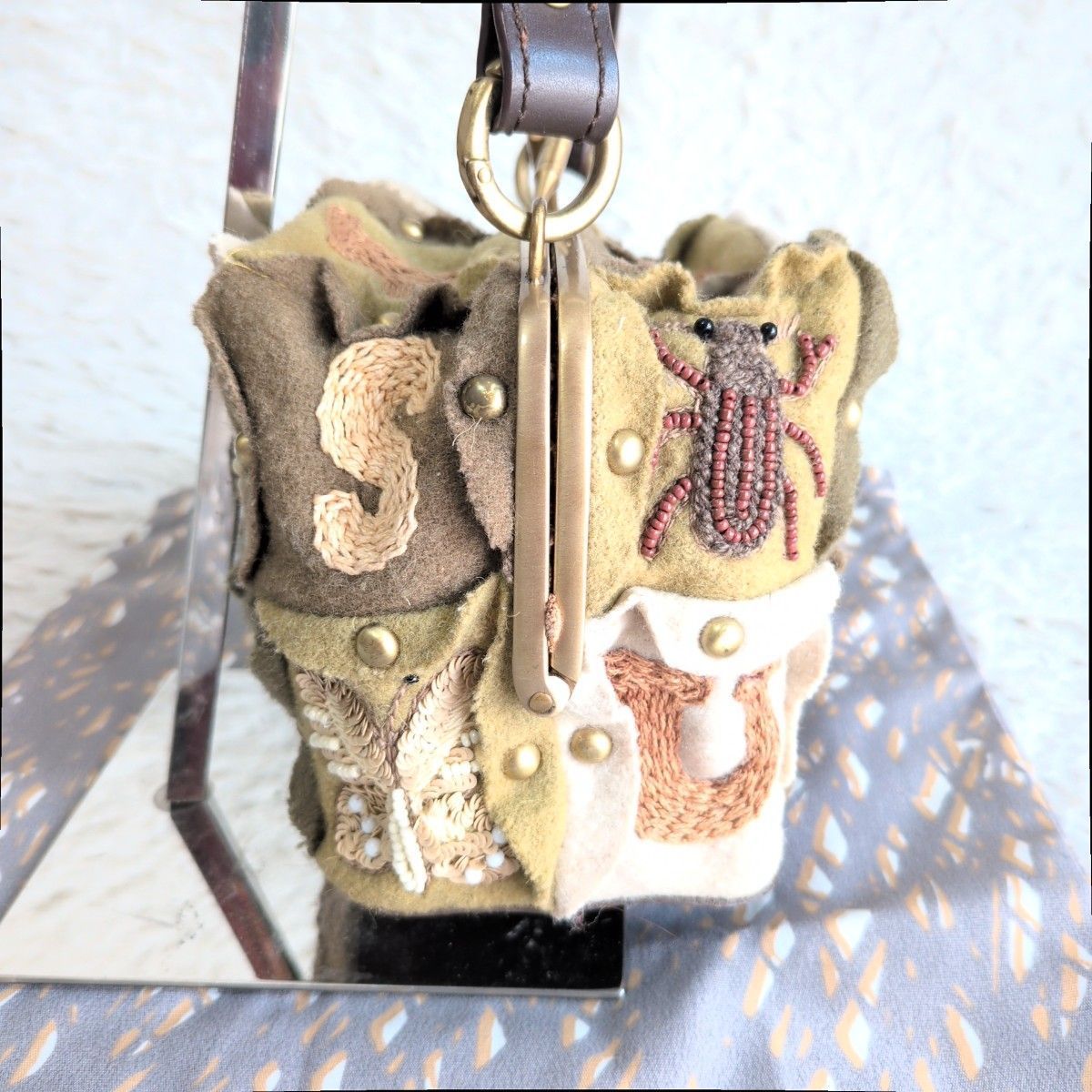 美品】JAMIN PUECH☆ウッドモチーフ がま口 レザー ショルダーバッグ 