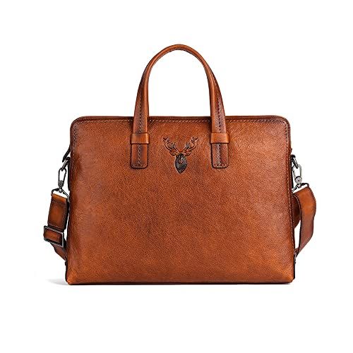 新品 [Ｗｈａｔｎａ] アンティーク風合い鞣し天 然 牛革 ビジネス バッグメンズ 2way ショルダー 手提げバッグブリーフケース 15.6インチPC対応 旅行 出張 通勤 通学 就活 面接 バッグ かばん 男性用 13718 (ブラウン)