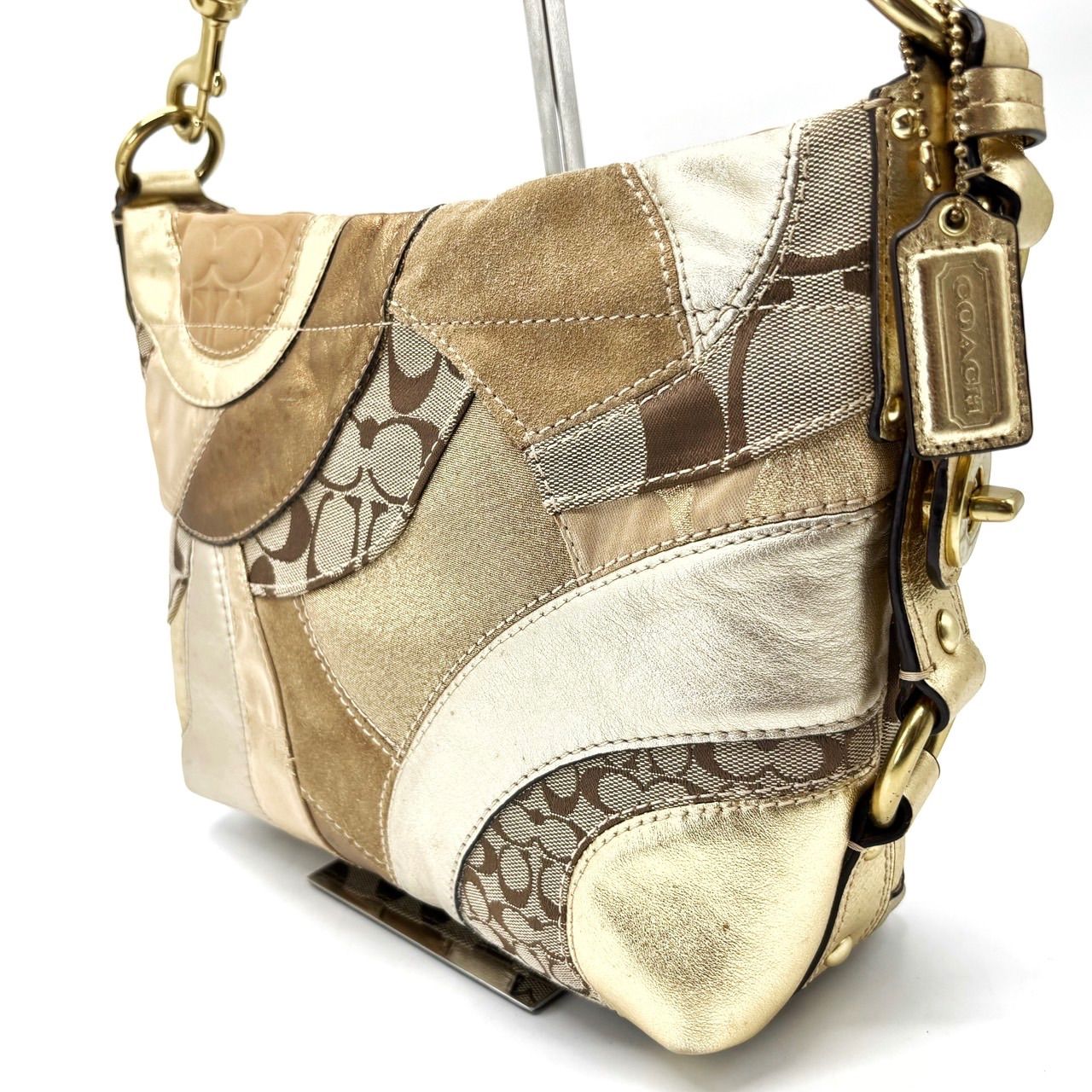良品】COACH Y2K patchwork beige signature canvas leather suede 