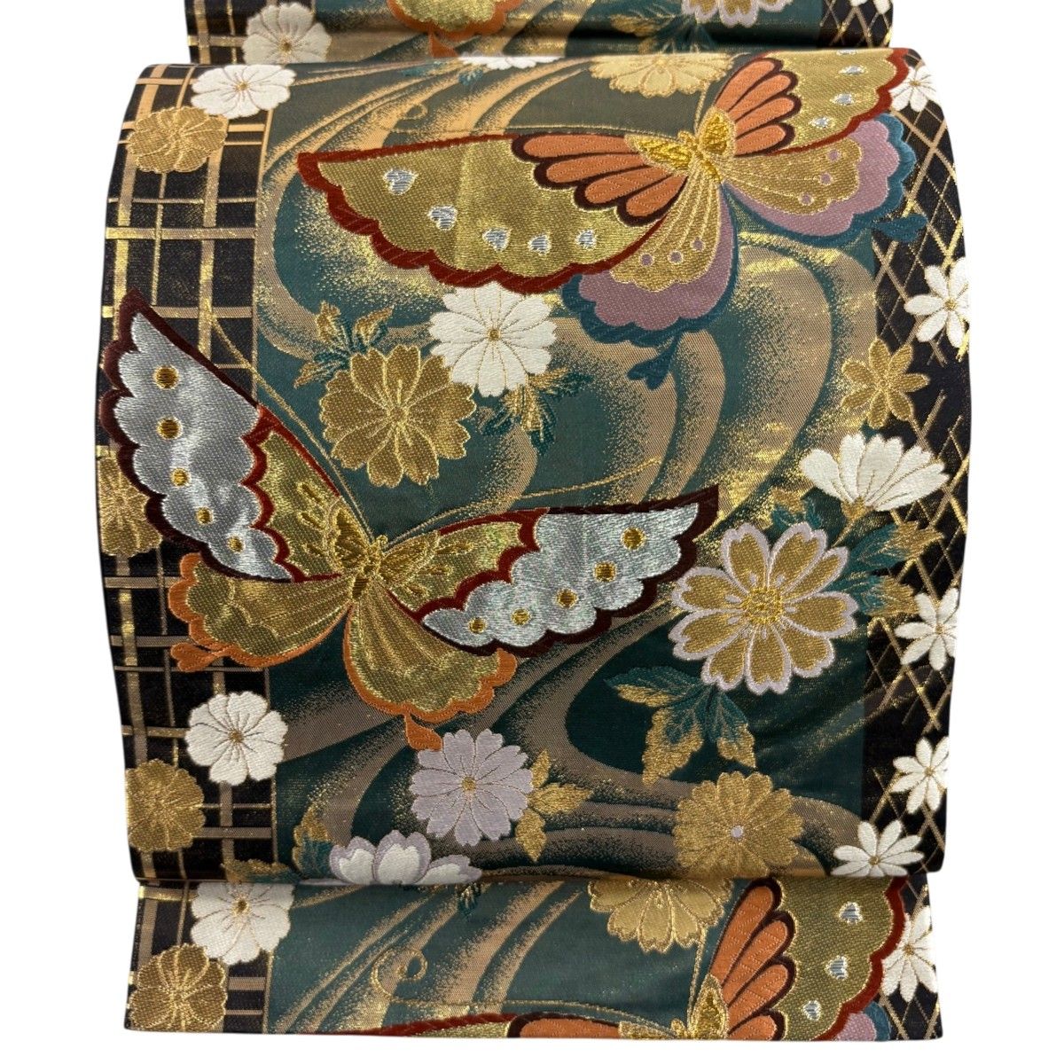 袋帯 秀品 正絹 振袖向き 梅 秀 袋帯 美品 秀品 蝶 草花 金銀糸 箔 黒