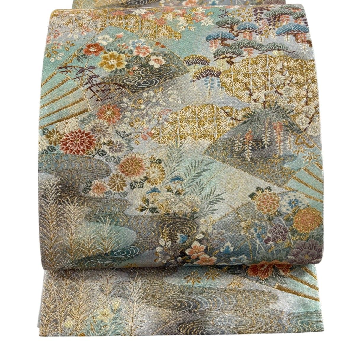 袋帯 秀品 彩美花の舞 扇 松竹梅 金糸 箔 銀色 六通 正絹 【中古 