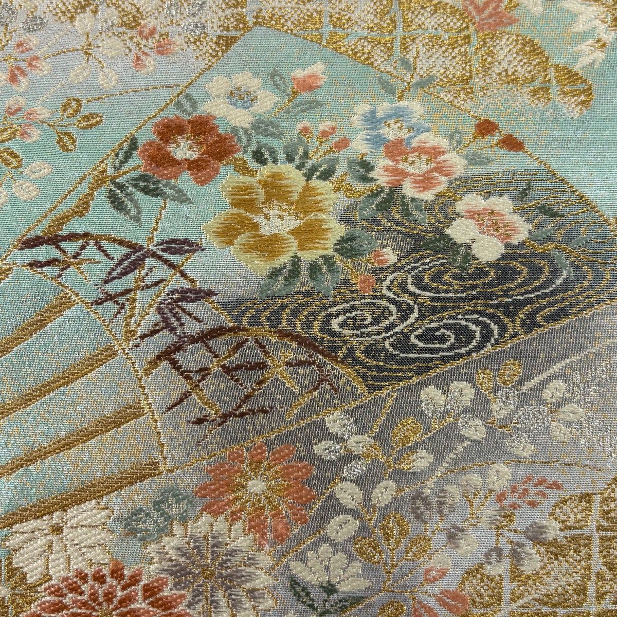 袋帯 秀品 彩美花の舞 扇 松竹梅 金糸 箔 銀色 六通 正絹 【中古 
