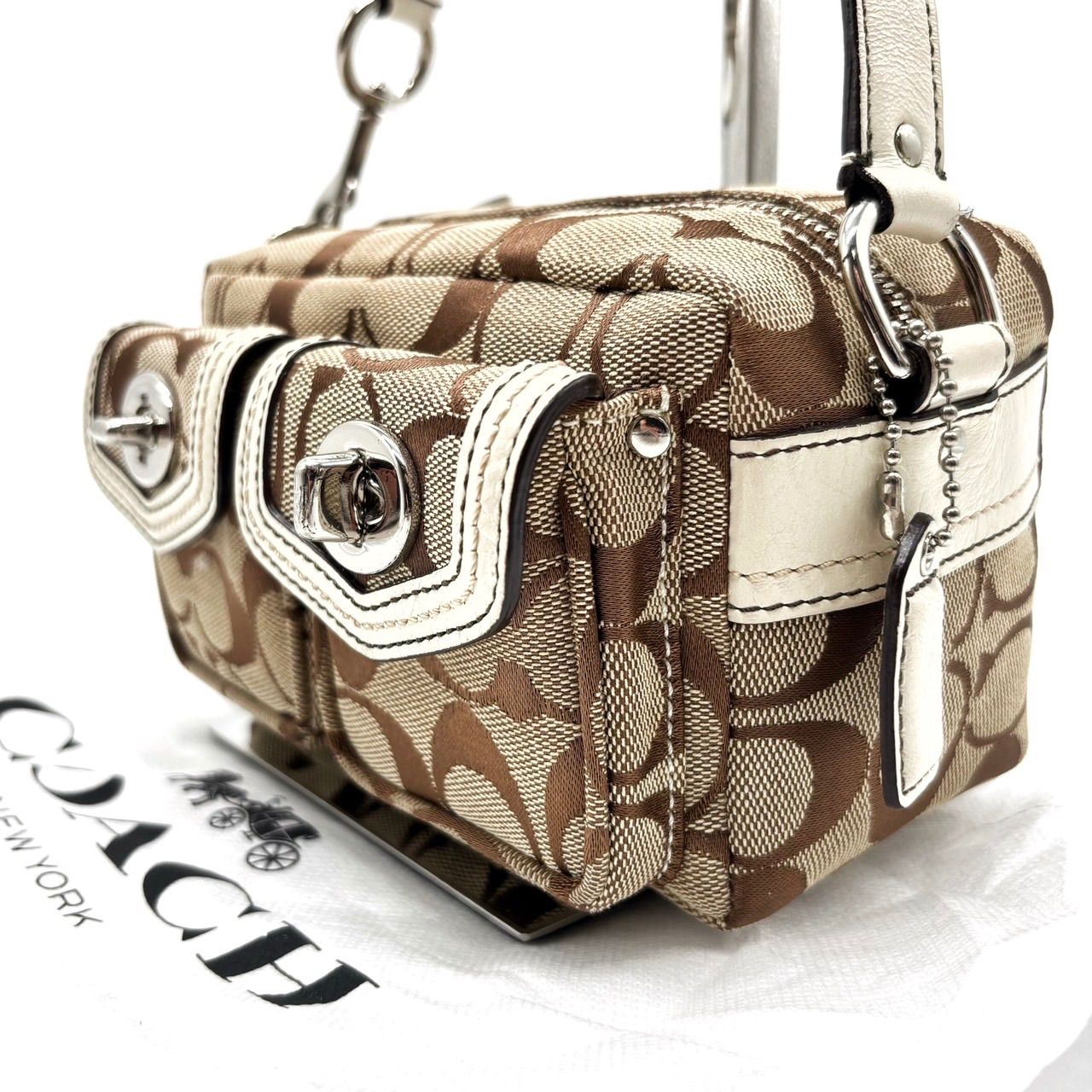 良品】 coach y2k turn-lock signature canvas handbag beige brown 