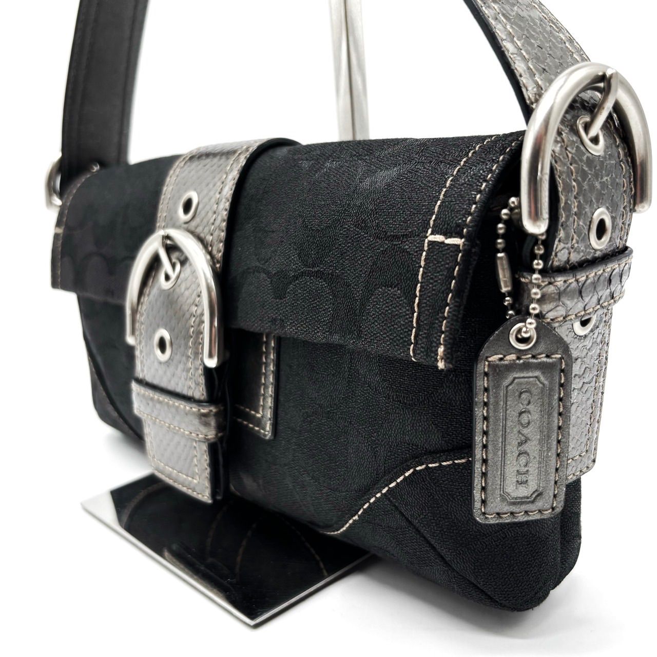 良品】 coach SOHO signature canvas handbag pythonbelt black コーチ 