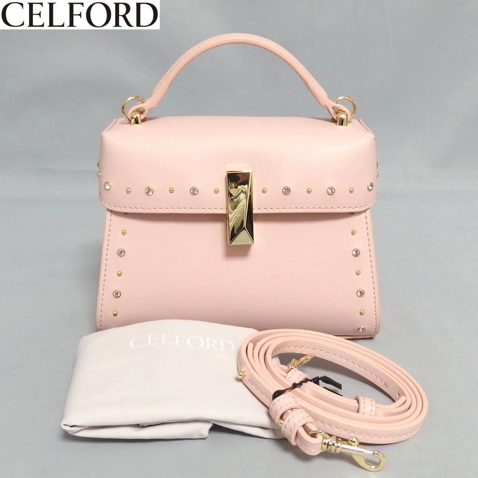 美品☆CELFORD リュタン ビジュー スタッズ ポシェット ピンク 2Way 