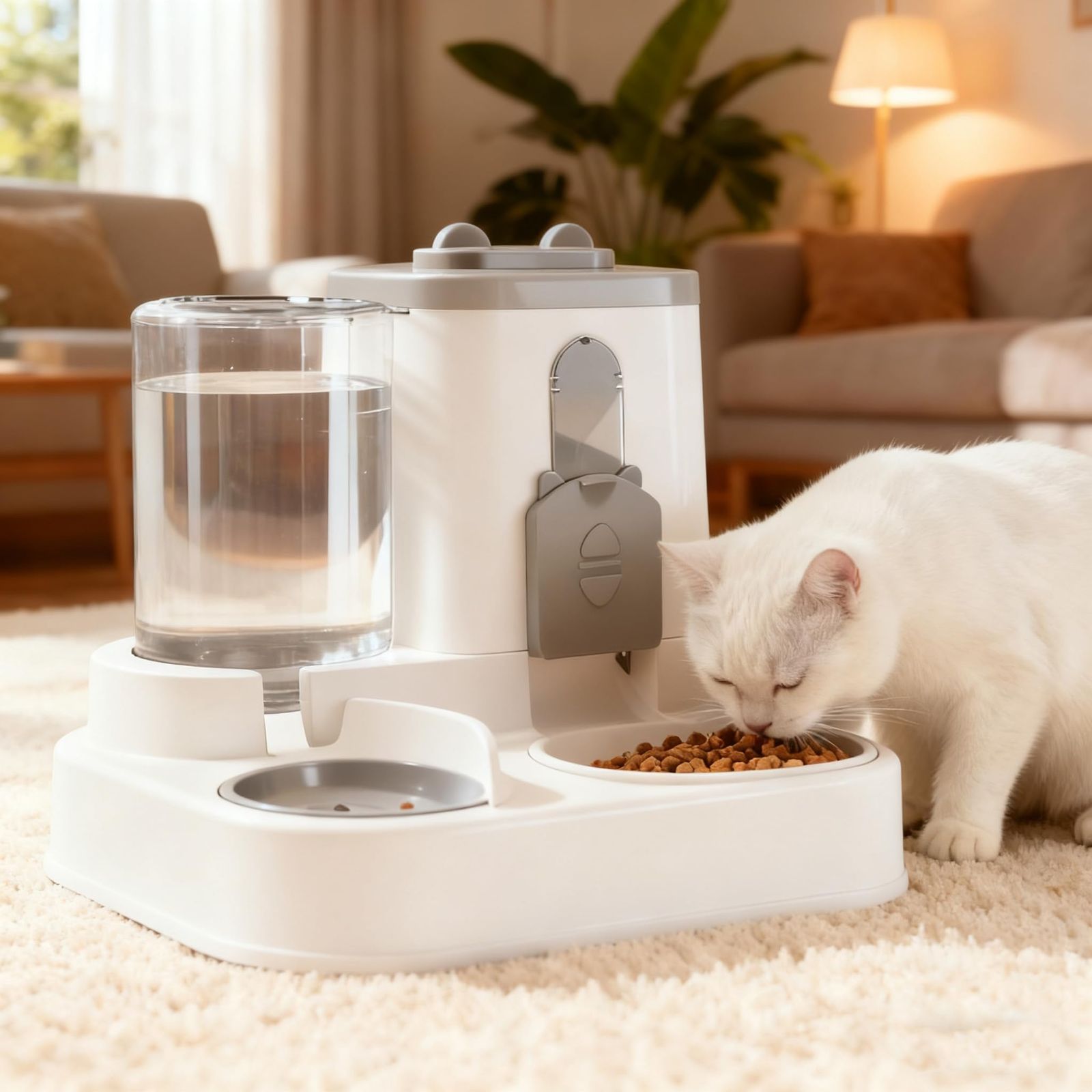 自動給餌器 猫 給餌器 ペット用給餌給水自動給餌器 無電式で屋内屋外自由設置 餌 2200mL / 水 800mL 大容量 一体型で留守時も安心 可視化設計で残量確認も簡単 猫・中小型犬に最適 フィルター搭載で清潔水維持 使用時の水の飛散防止周囲を汚さない 洗