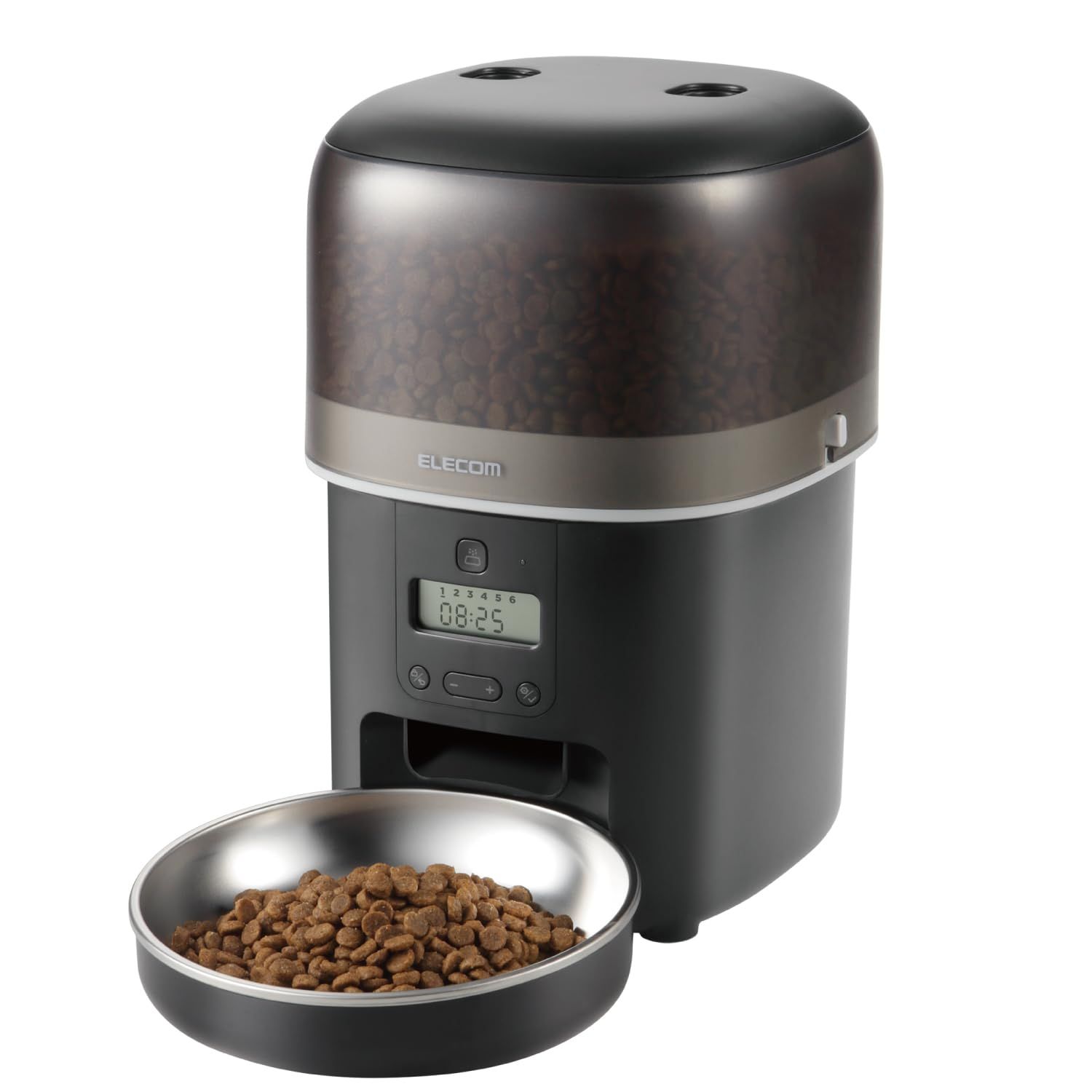 エレコム 自動給餌器 猫 中小型犬用 2L (約1.1kg) タイマー機能付 1日最大6回 蓋ロック 2WAY給電 コンパクト 乾燥剤付属 ステンレス 1皿 幅170×奥行190×高さ258mm ブラック PET-AF05BK