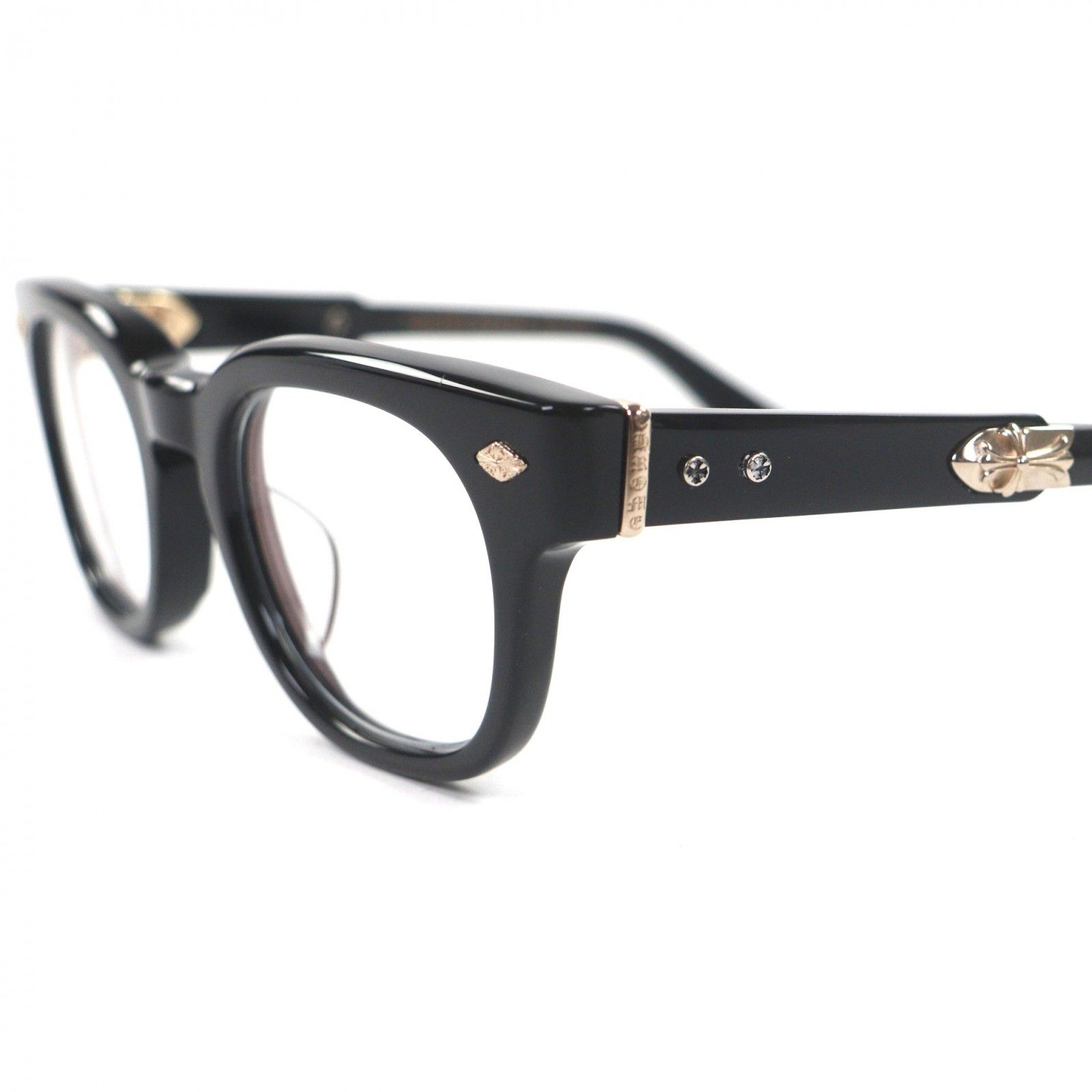 極美品▼CHROME HEARTS クロムハーツ JENNA TAIL YEA 18KGP クロス金具 メガネ 眼鏡 アイウェア ブラック マットブラック ゴールド 49□23-142 度入り ケース付き 日本製 重量51.17g メンズ 極美品▽CHROME HEARTS クロムハーツ JENNA TAIL YEA 18KGP クロス金具